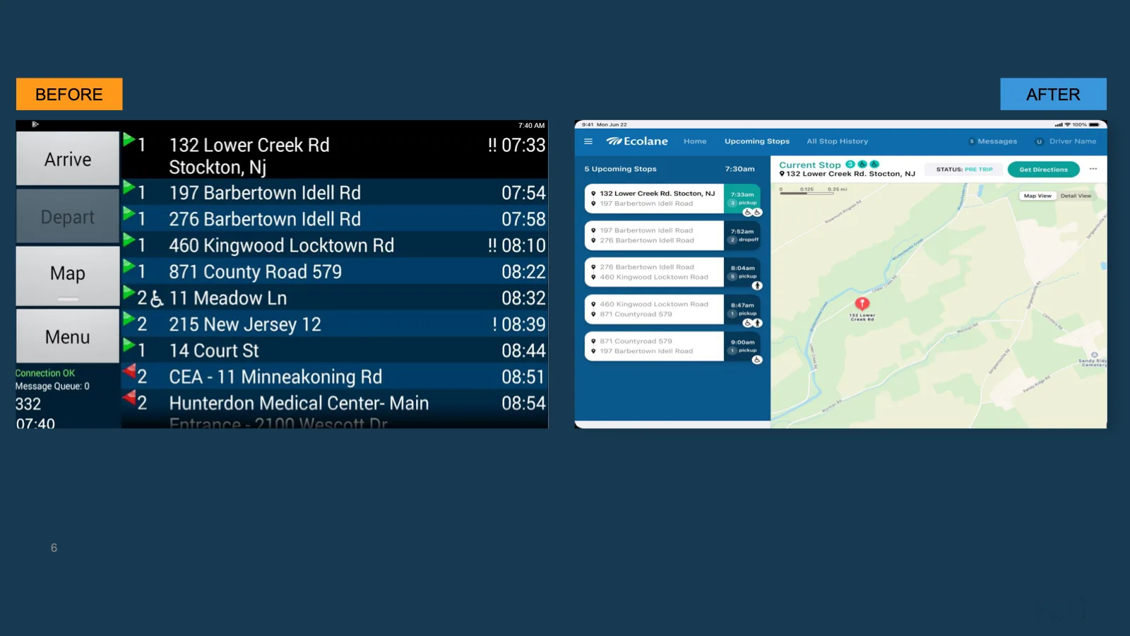 Before and after: the legacy driver app next to the redesigned iOS experience