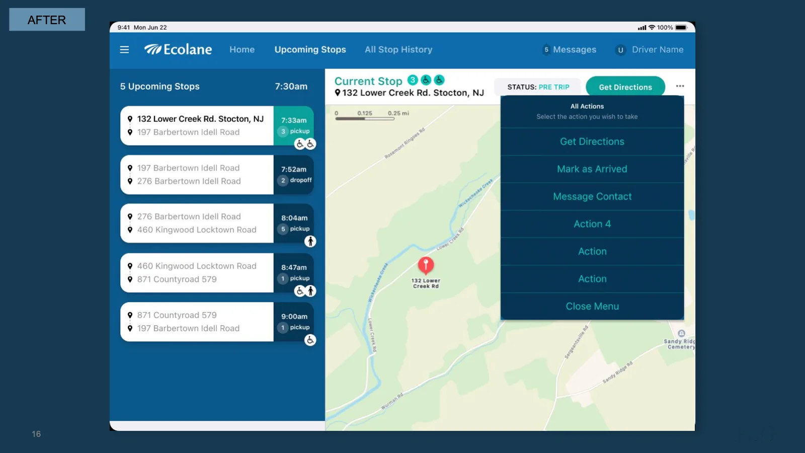 Redesigned stop management screen with map view and contextual actions